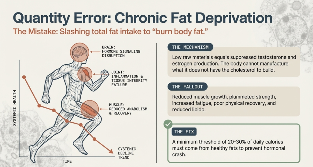 Diagram explaining how extremely low fat intake reduces testosterone, muscle growth, recovery, and overall metabolic health.