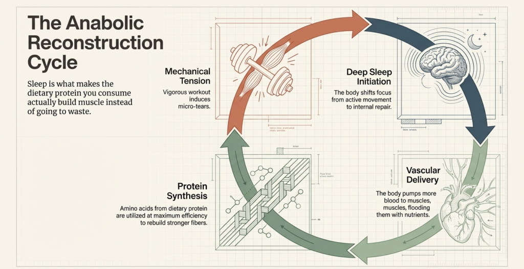 Cycle diagram showing stages of muscle growth including mechanical tension, deep sleep initiation, protein synthesis, and nutrient delivery.