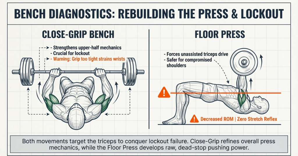 Close grip bench press and floor press diagram targeting triceps for stronger lockout