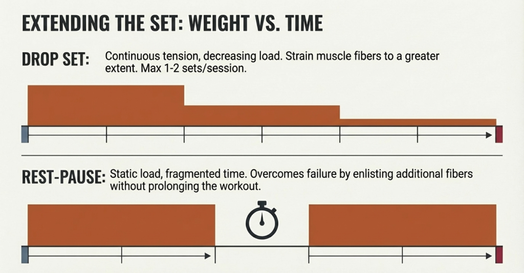 drop sets vs rest pause muscle training comparison tension and fatigue