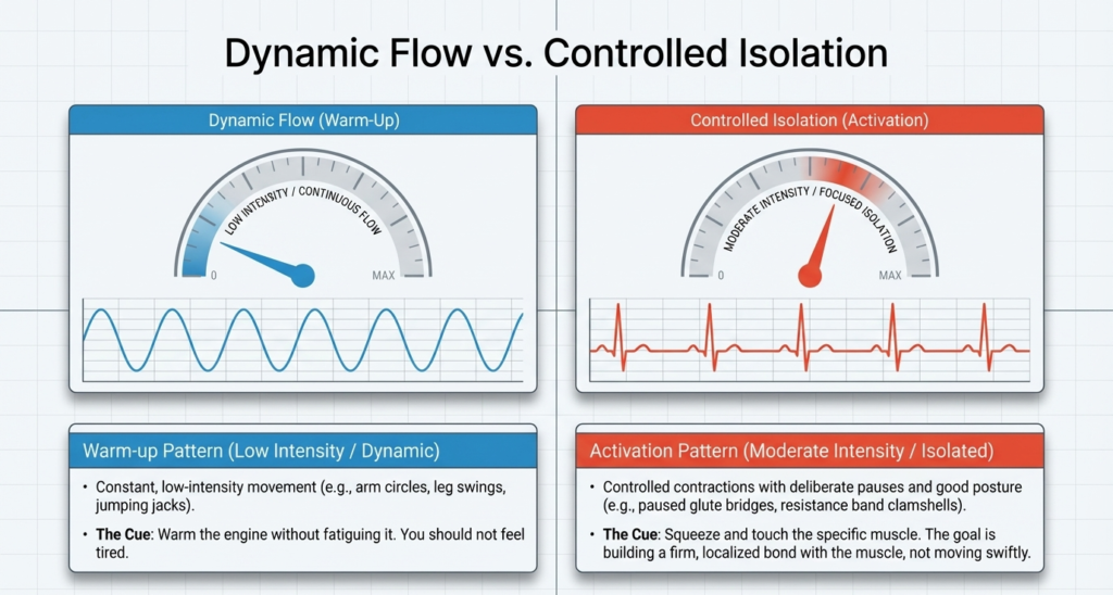 Low intensity dynamic warm-up vs controlled moderate intensity activation exercises