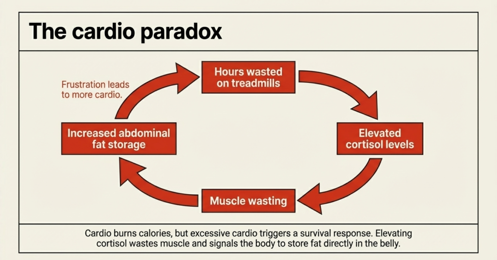 Cycle showing excessive cardio increasing cortisol and belly fat storage