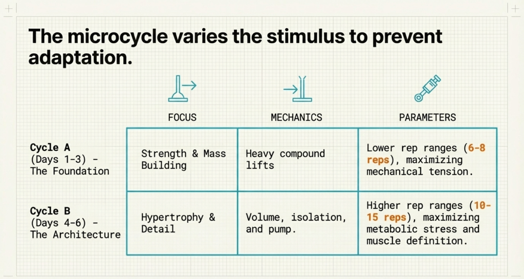workout microcycle showing strength training and hypertrophy phases with rep ranges and volume