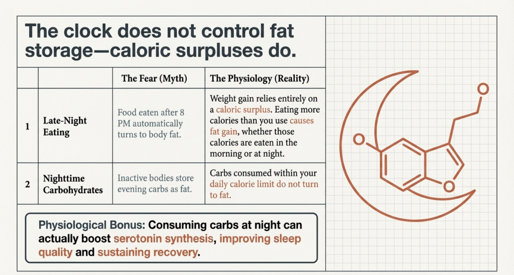 Chart explaining that calorie surplus causes fat gain, not eating late at night