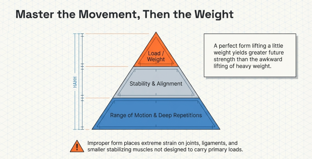 Pyramid showing importance of range of motion, stability, and alignment before lifting heavy weights