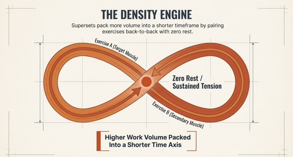 Infinity loop diagram showing supersets increasing workout density and reducing rest time