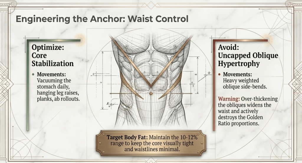 Illustration showing core exercises and avoiding oblique hypertrophy for a smaller waist
