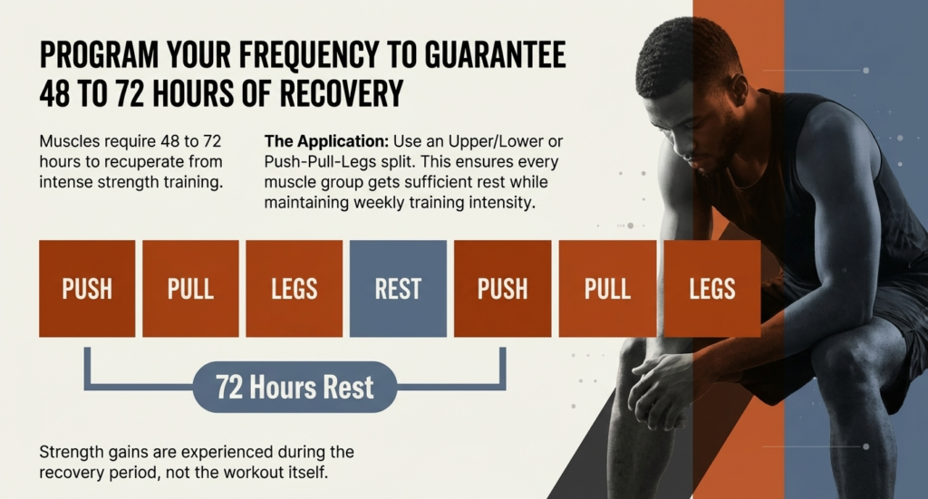 Workout split chart showing push, pull, legs routine with rest days to allow muscles 48 to 72 hours of recovery.