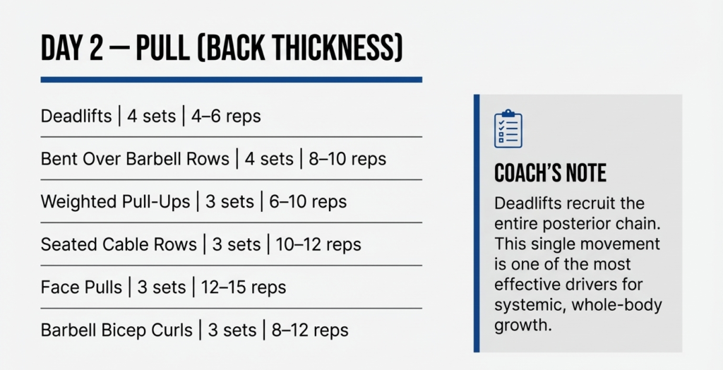 Day 2 pull workout plan featuring deadlifts barbell rows pull ups cable rows face pulls and bicep curls for back thickness