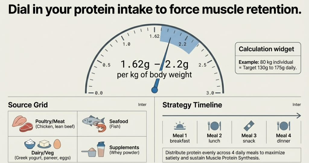 Protein intake guide showing recommended daily intake of 1.62 to 2.2 grams per kilogram of body weight for muscle preservation.