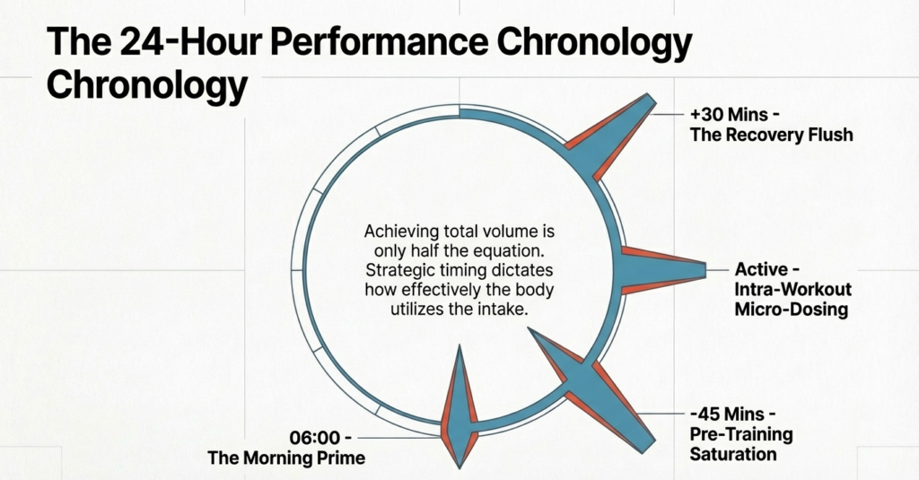 hydration timeline showing morning hydration, pre workout and post workout water intake