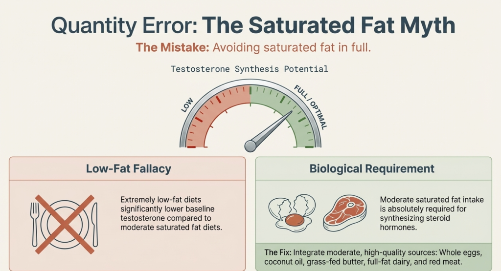Infographic explaining that moderate saturated fat intake is necessary for steroid hormone production including testosterone.