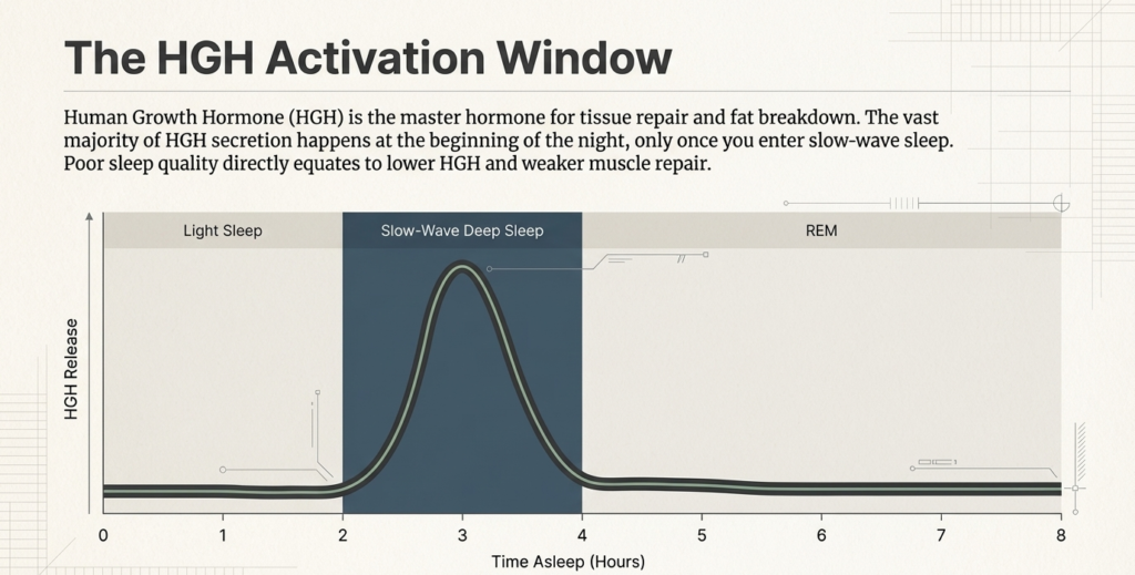 Graph showing human growth hormone (HGH) release during slow-wave deep sleep stages throughout the night.