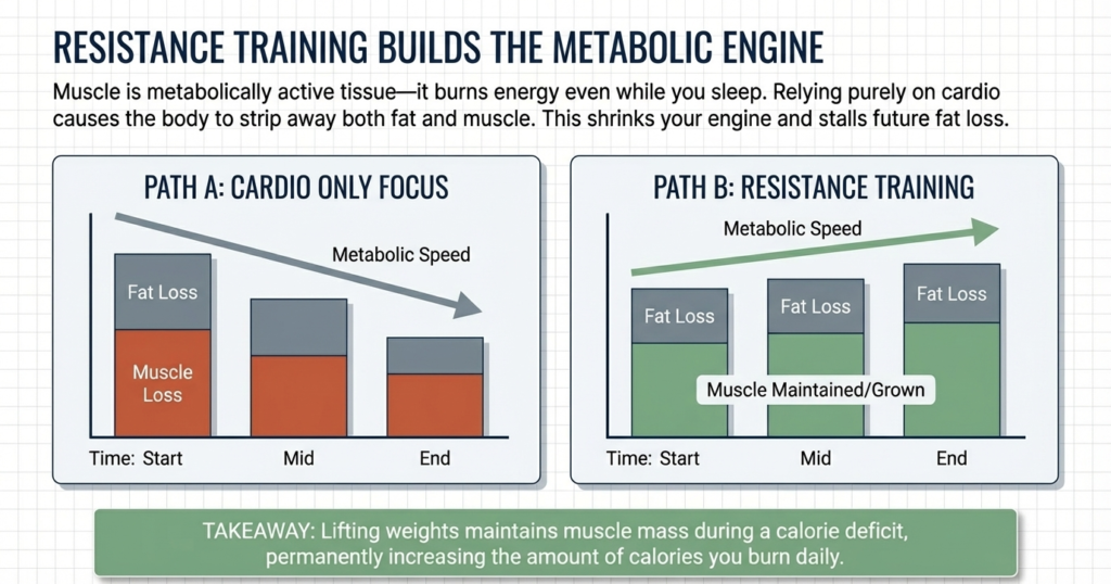 comparison chart showing muscle loss with cardio and muscle preservation with resistance training