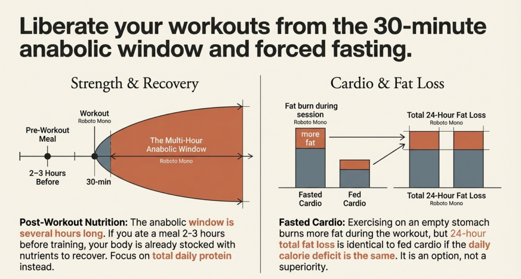 Diagram showing extended anabolic window and comparison of fasted vs fed cardio fat loss