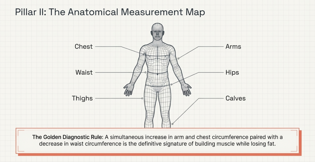 human body diagram showing chest waist arms hips thighs and calves measurement points