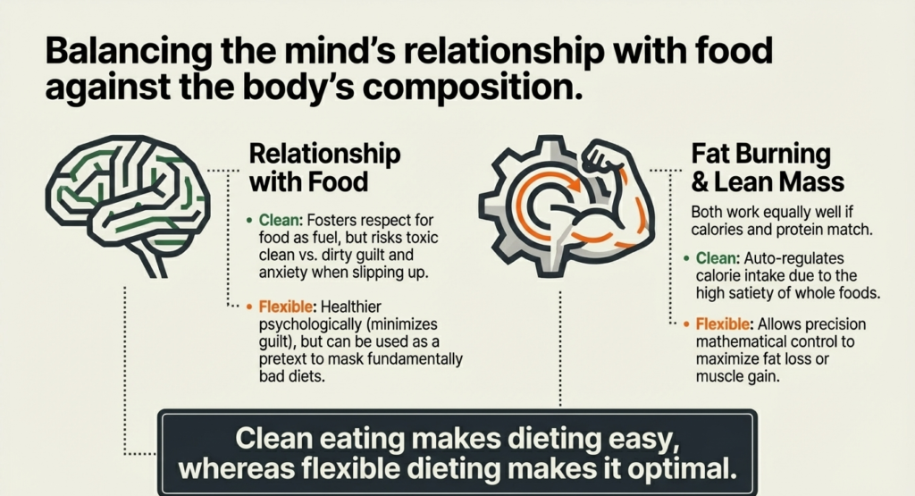Illustration showing mental relationship with food and impact on fat loss and muscle gain