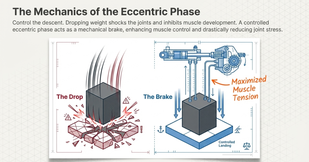 Comparison between controlled eccentric phase and dropping weights showing muscle tension differences