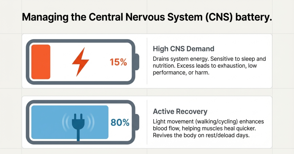 Comparison of HIIT central nervous system fatigue vs LISS active recovery benefits