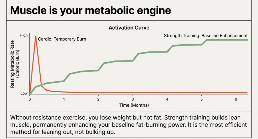Graph comparing cardio vs strength training effects on metabolism over time