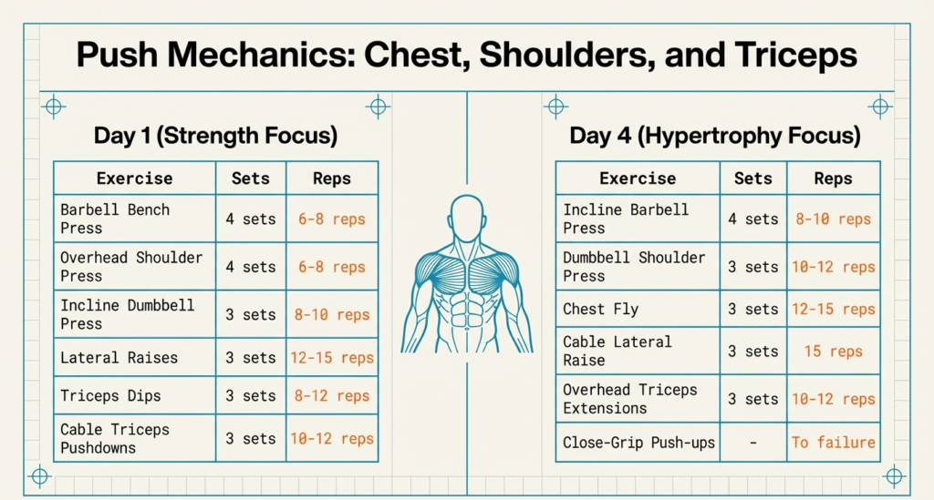 push day workout plan including bench press shoulder press triceps exercises with sets and reps