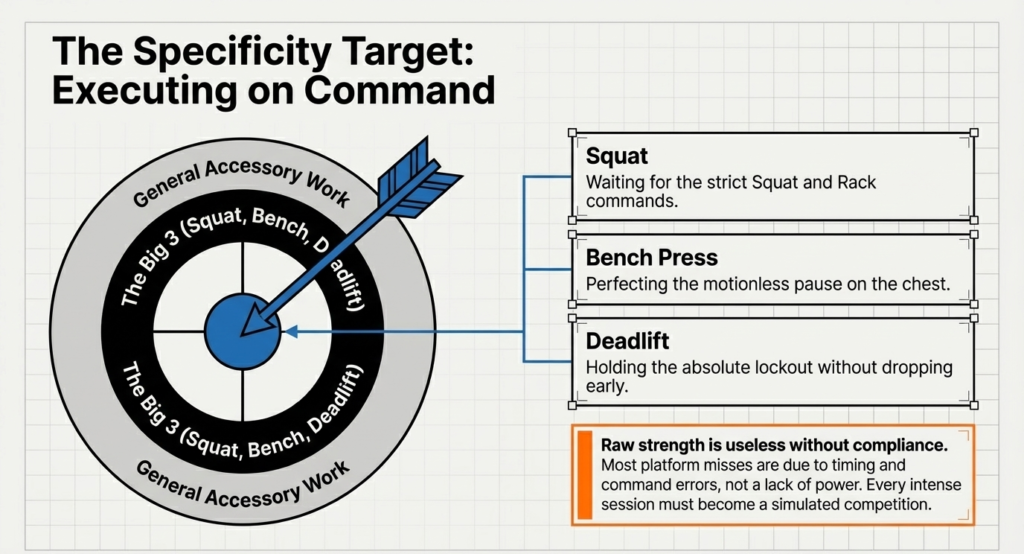 Diagram explaining squat, bench press, and deadlift execution with competition commands