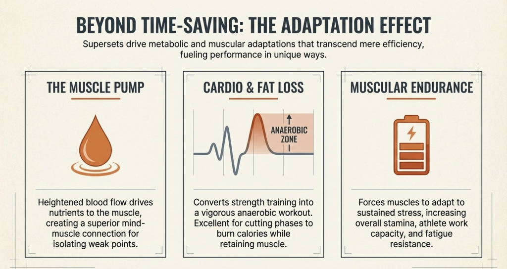 Infographic showing muscle pump, fat loss, and endurance benefits of supersets training