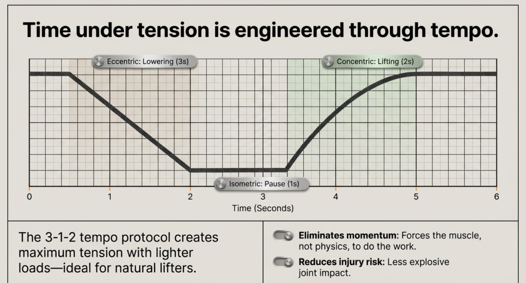 3-1-2 tempo training graph showing eccentric pause and concentric phases