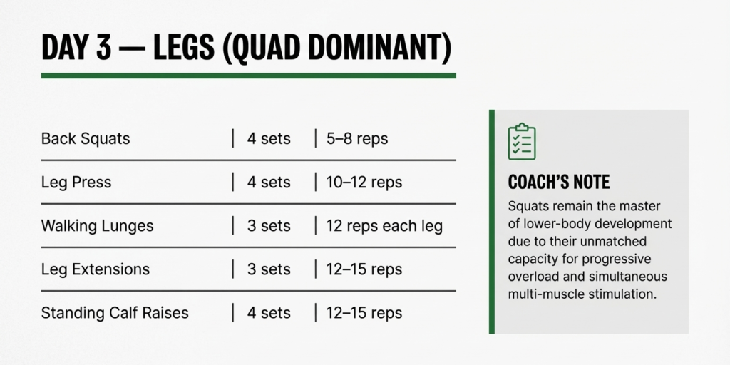 Day 3 leg workout including back squats leg press lunges leg extensions and calf raises for quadriceps development