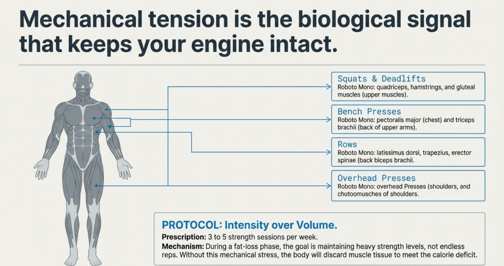 Diagram explaining mechanical tension from compound lifts like squats, bench presses, rows, and overhead presses to preserve muscle during fat loss.
