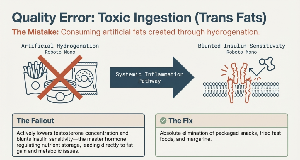 Diagram showing how artificial trans fats increase inflammation, reduce insulin sensitivity, and lower testosterone levels.