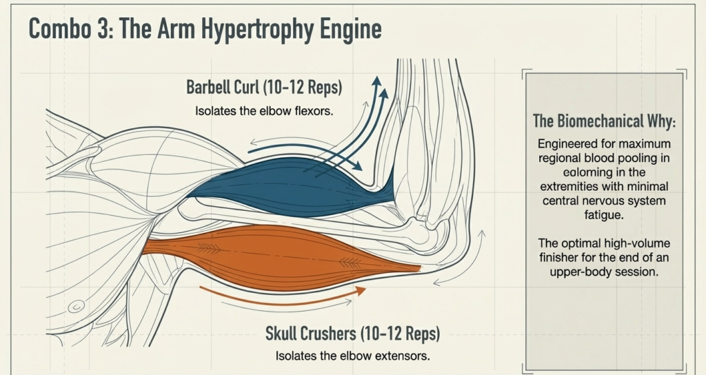 Arm muscle diagram showing barbell curls and skull crushers used together as an antagonist superset targeting biceps and triceps.