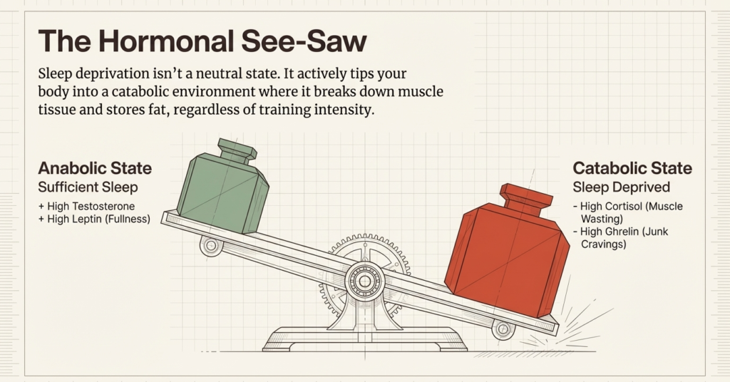Illustration showing hormonal imbalance caused by sleep deprivation, comparing anabolic and catabolic conditions.
