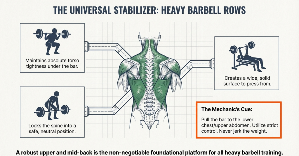 Back muscle diagram showing importance of barbell rows for stability in squat bench and deadlift