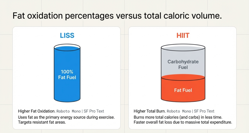 LISS uses fat as fuel while HIIT burns more total calories including carbohydrates