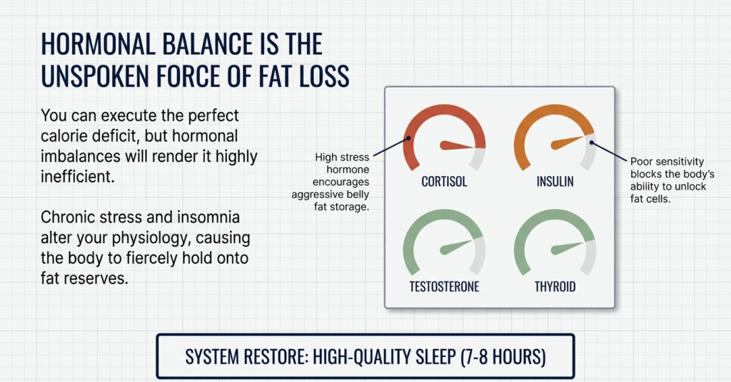 infographic showing cortisol insulin testosterone and thyroid impact on fat loss