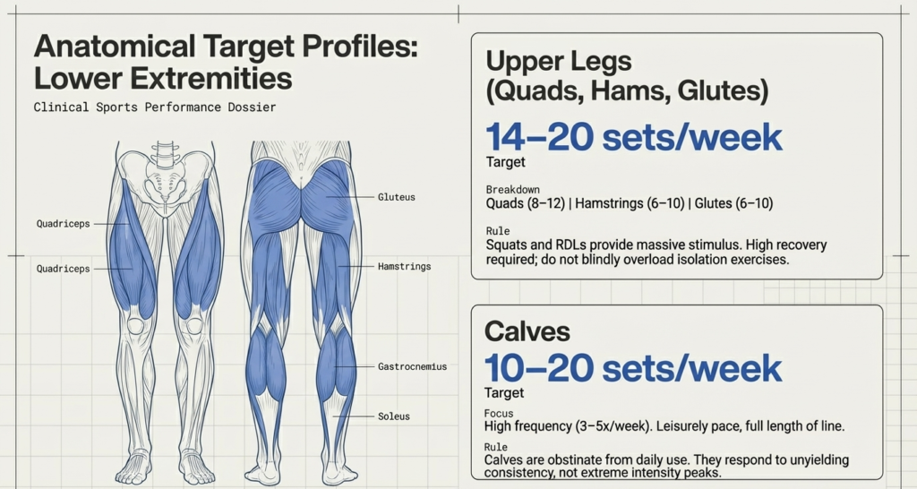 weekly training volume for quads hamstrings glutes and calves muscle groups
