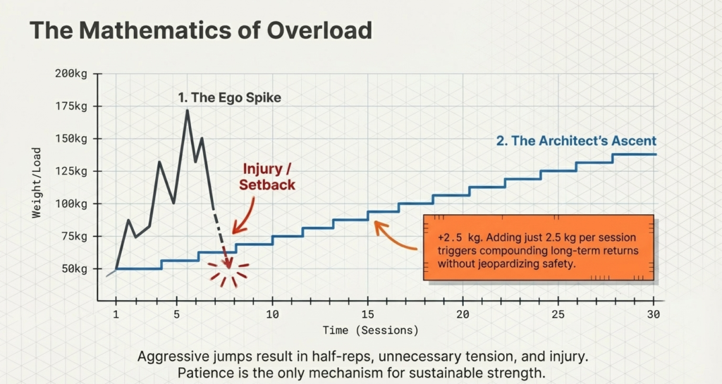 Graph showing gradual weight progression versus injury from sudden heavy load increases