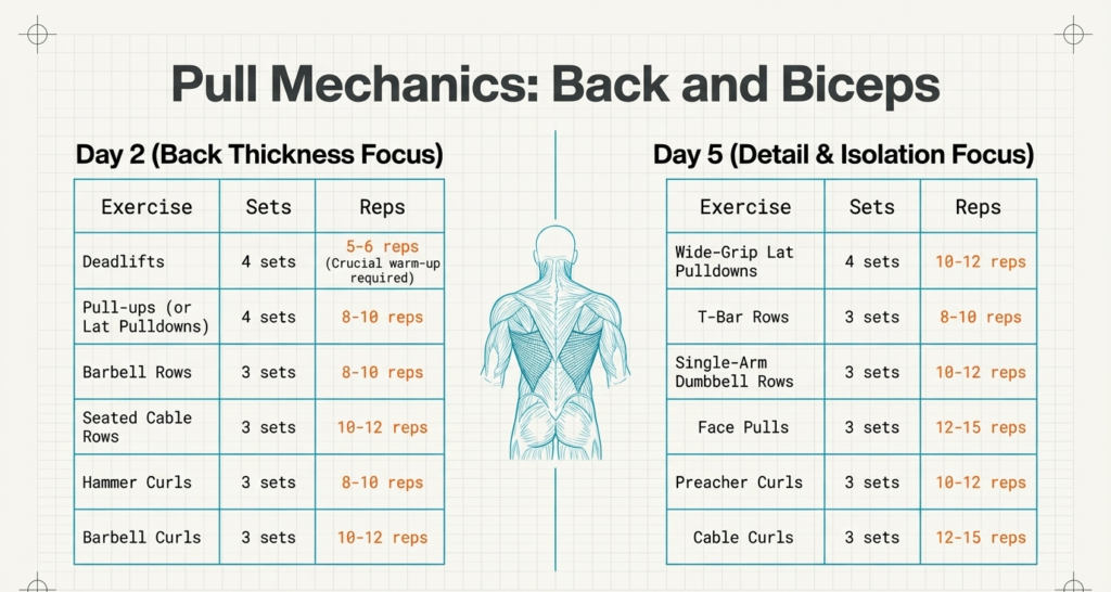pull day workout including deadlifts rows curls for back thickness and biceps growth