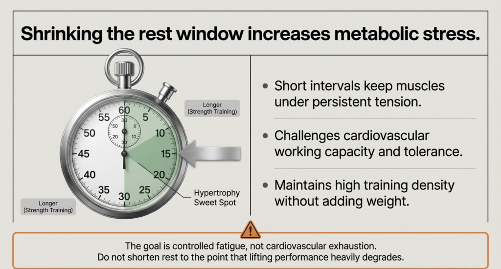 stopwatch showing reduced rest intervals for hypertrophy training