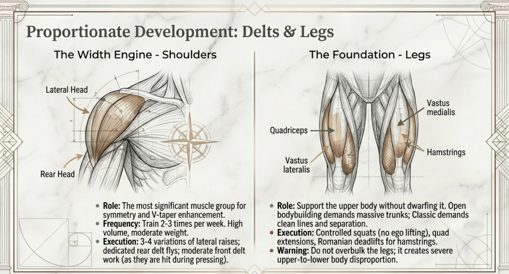 Illustration showing deltoid and leg muscle development for balanced physique