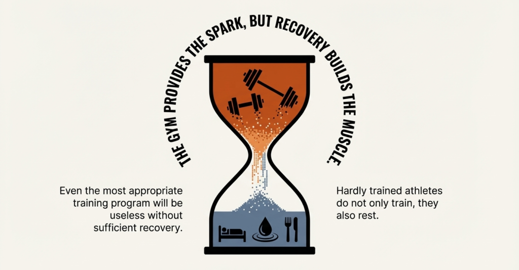 Hourglass infographic representing the balance between gym training stimulus and recovery through rest, sleep, and nutrition.