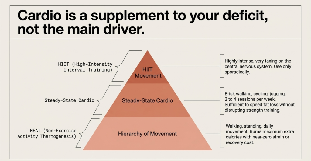 Cardio pyramid infographic showing NEAT activity, steady-state cardio, and HIIT as layers of fat-loss movement strategies.