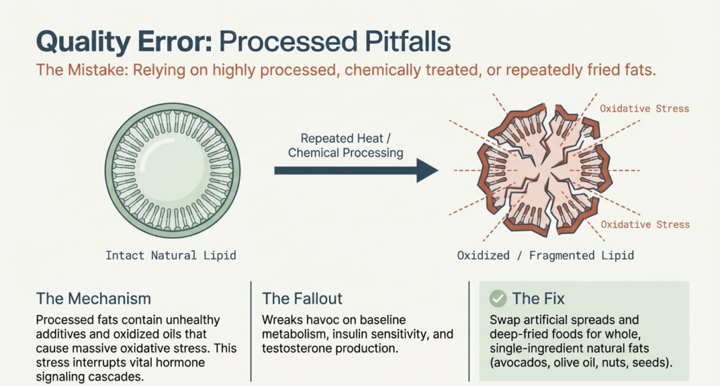 Infographic showing how highly processed fats and repeatedly heated oils cause oxidative stress and disrupt hormone signaling.