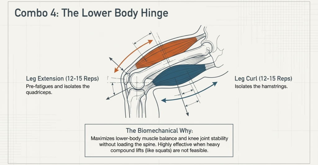 Knee joint diagram illustrating quadriceps and hamstrings working as opposing muscles during leg extension and leg curl exercises.