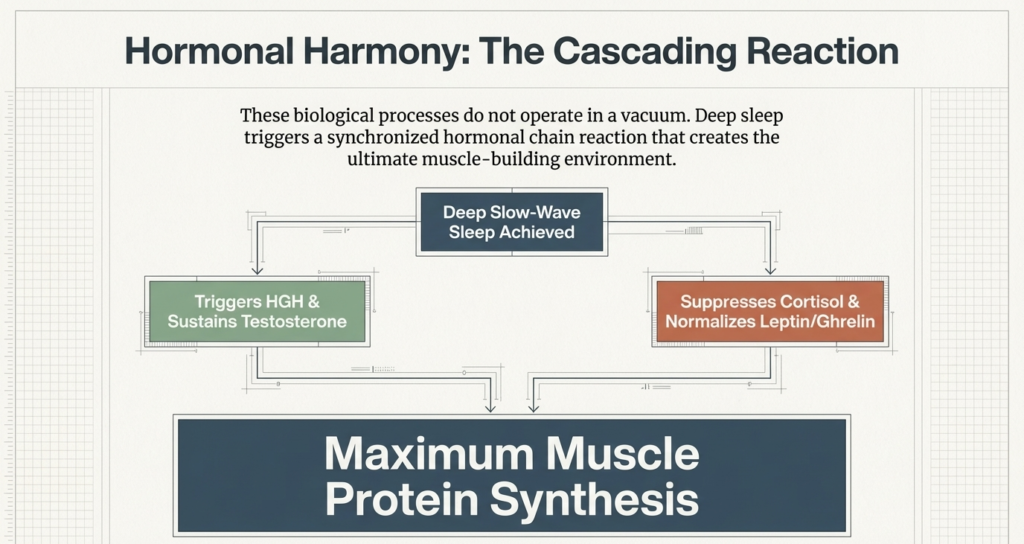 Flowchart showing how deep sleep triggers growth hormone and testosterone while suppressing cortisol for muscle protein synthesis.