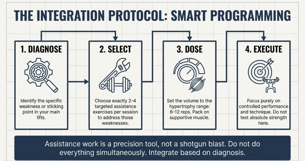Step by step guide showing diagnose select dose and execute assistance exercises