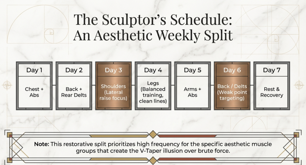 Weekly workout plan including chest, back, shoulders, legs, arms, and rest days