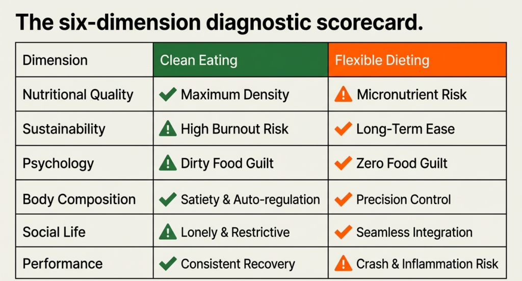 Comparison table showing nutrition, sustainability, psychology, performance differences