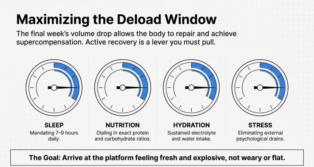 Recovery factors like sleep, nutrition, hydration, and stress for peak performance
